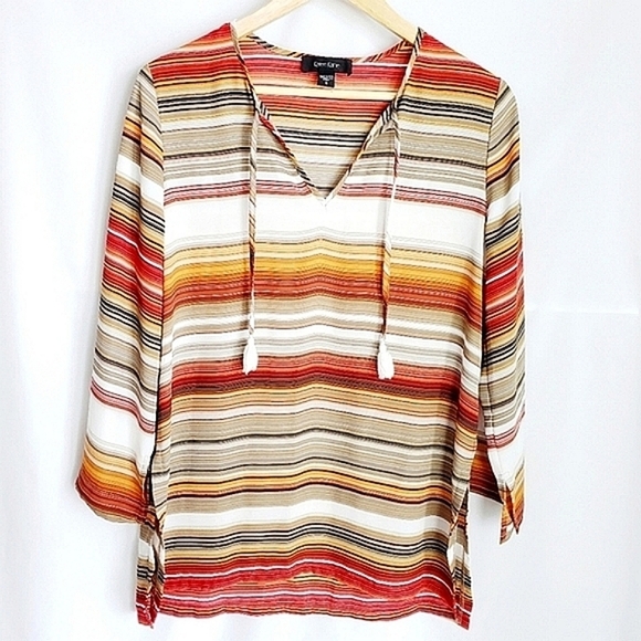 Karen Kane Tops - Karen Kane Boho Peasant Popover Top Split Side Striped Blouse Warm Colors
